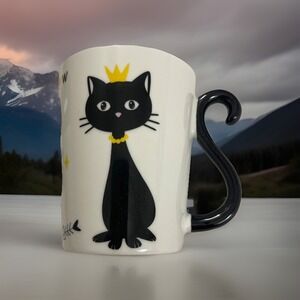 BLACK CAT WITH GOLD CROWN‎ CERAMIC COFFEE CUP MUG Fun "tail" Handle Cat Lovers